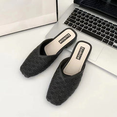 Women's Solid Mesh Slip On Square Toe Block Heel Shoes
