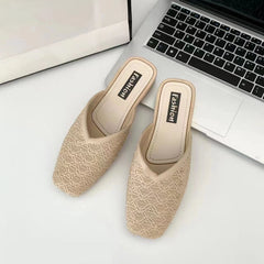 Women's Solid Mesh Slip On Square Toe Block Heel Shoes