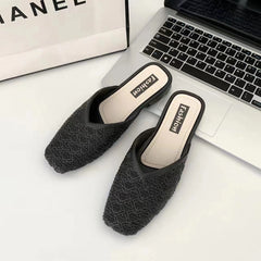 Women's Solid Mesh Slip On Square Toe Block Heel Shoes