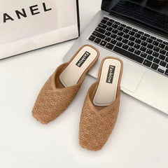 Women's Solid Mesh Slip On Square Toe Block Heel Shoes
