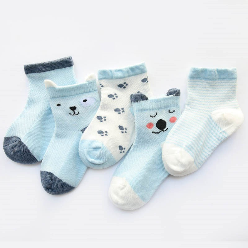 5 Pairs Baby Girls Cotton Cartoon Animal Striped Short Crew Socks
