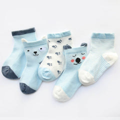 5 Pairs Baby Girls Cotton Cartoon Animal Striped Short Crew Socks