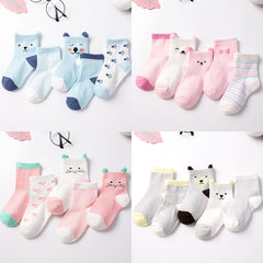 5 Pairs Baby Girls Cotton Cartoon Animal Striped Short Crew Socks