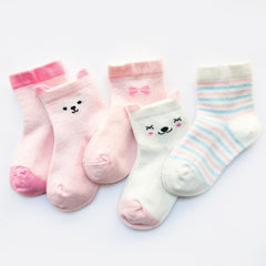 5 Pairs Baby Girls Cotton Cartoon Animal Striped Short Crew Socks