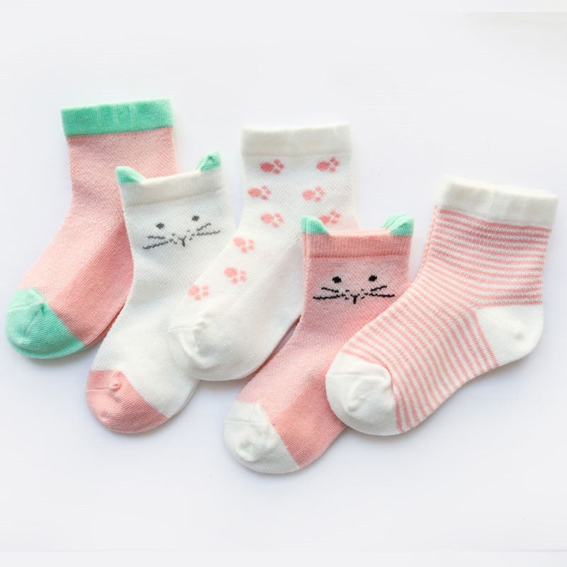 5 Pairs Baby Girls Cotton Cartoon Animal Striped Short Crew Socks
