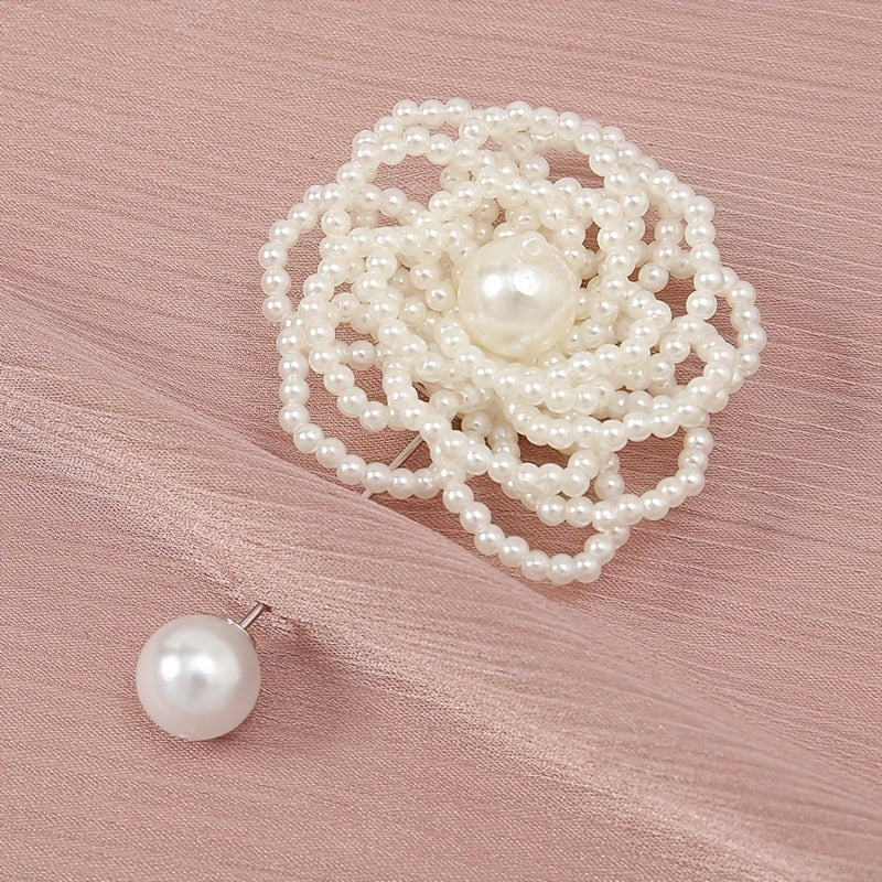 Hollow Out Rose Flower Brooch with Faux Pearls Beads