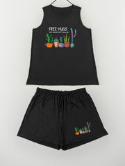 Cactus & Letter Print Tank Top & Shorts Pajama Set