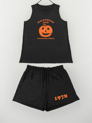 Pumpkin & Letter Print Tank Top & Shorts Lounge Set
