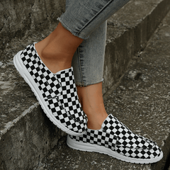 Women's Checkered Canvas Slip On Shoes Low Top Round Toe Flat Walking Shoes