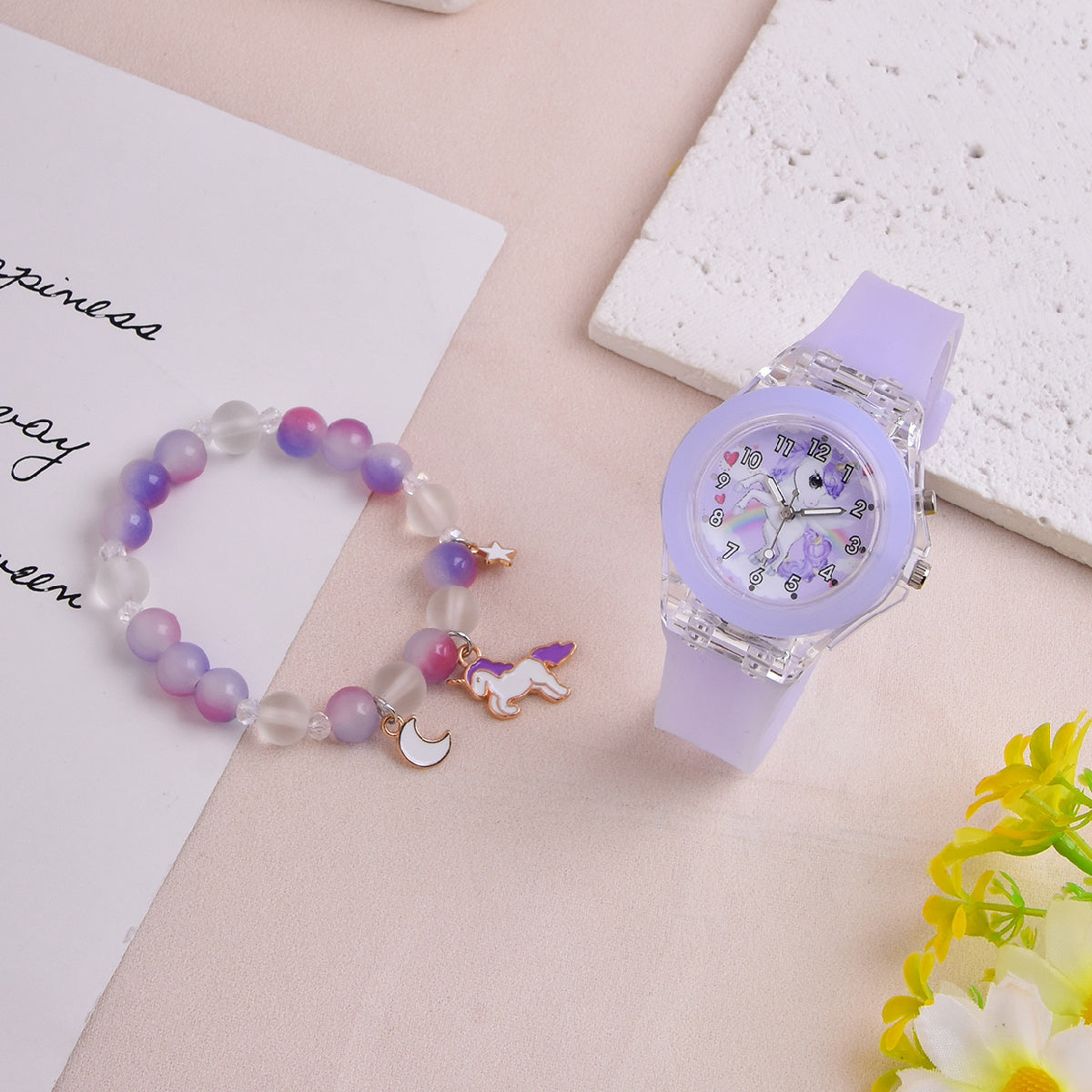 LED Unicorn Watch & Crystal Bracelet Set for Girls