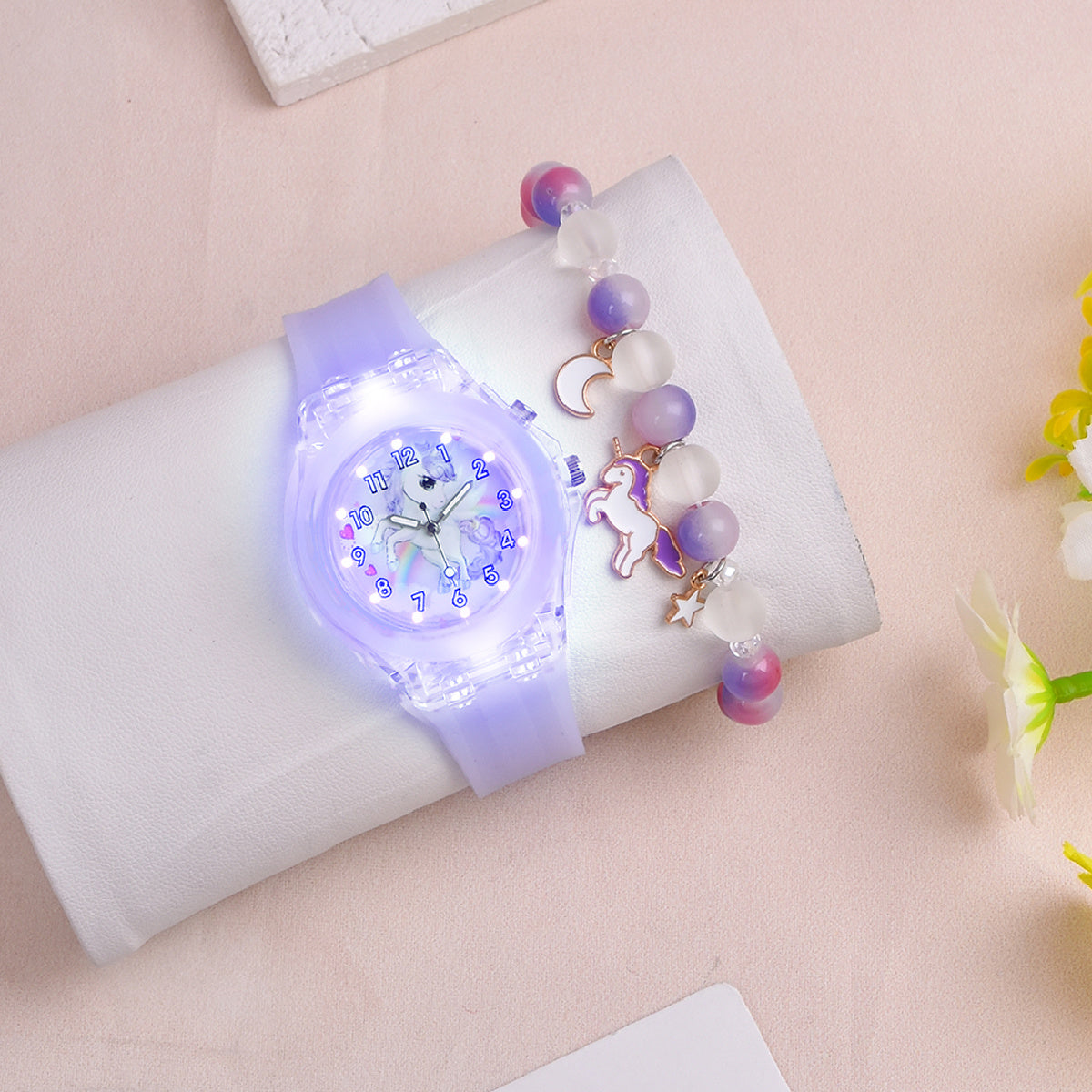 LED Unicorn Watch & Crystal Bracelet Set for Girls