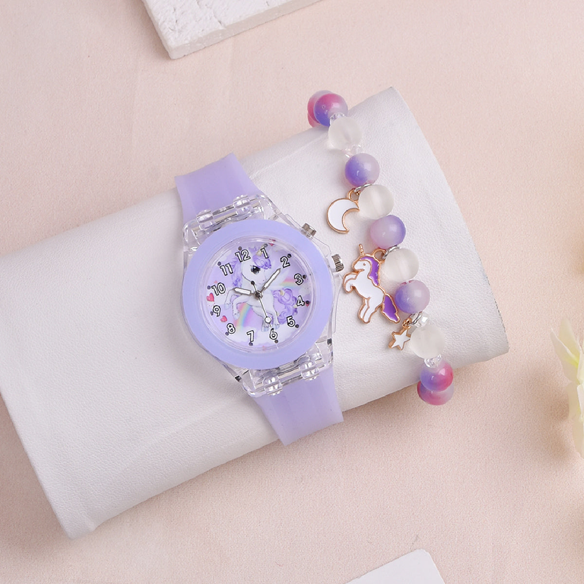 LED Unicorn Watch & Crystal Bracelet Set for Girls
