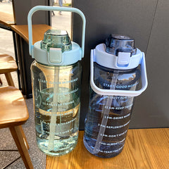 2L Transparent Water Cup w/ Scale Straw Portable Sports Bottle