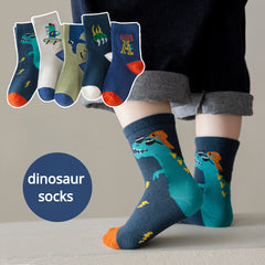 Kids Cartoon Dinosaur Crew Socks (5 Pairs)