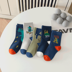 Kids Cartoon Dinosaur Crew Socks (5 Pairs)