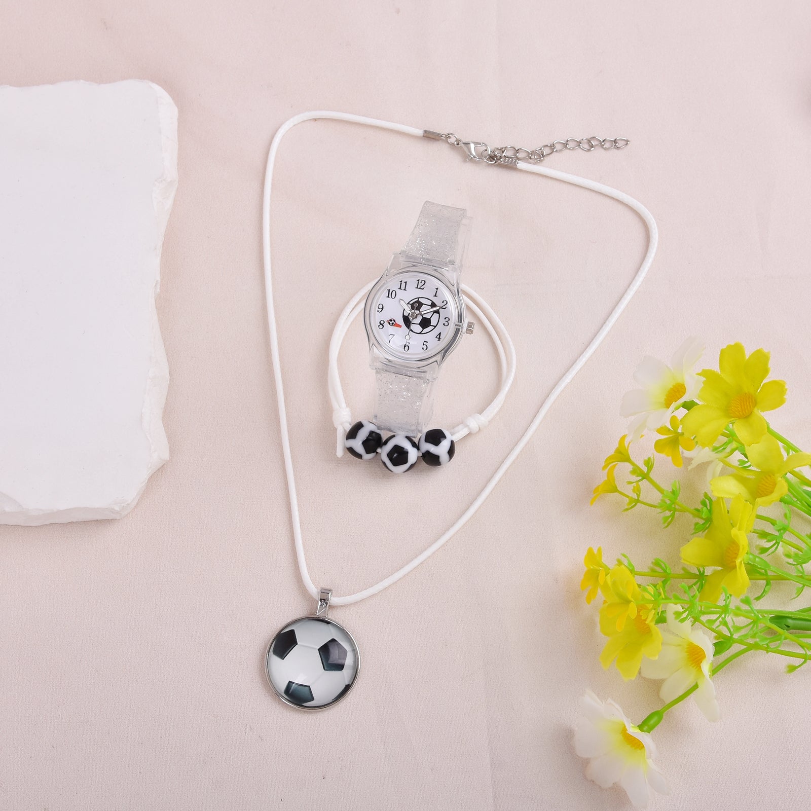 Football Watch Set with Bracelet Necklace, Quartz Watch Transparent Strap