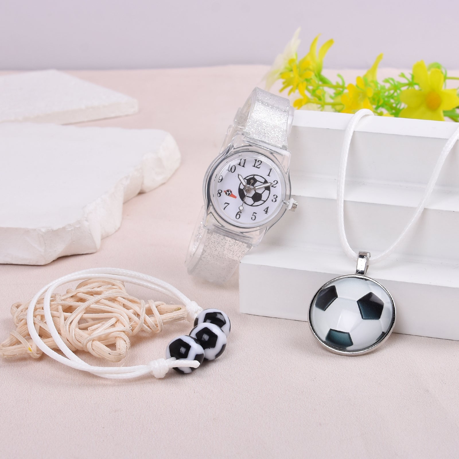 Football Watch Set with Bracelet Necklace, Quartz Watch Transparent Strap