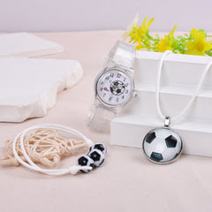 Football Watch Set with Bracelet Necklace, Quartz Watch Transparent Strap
