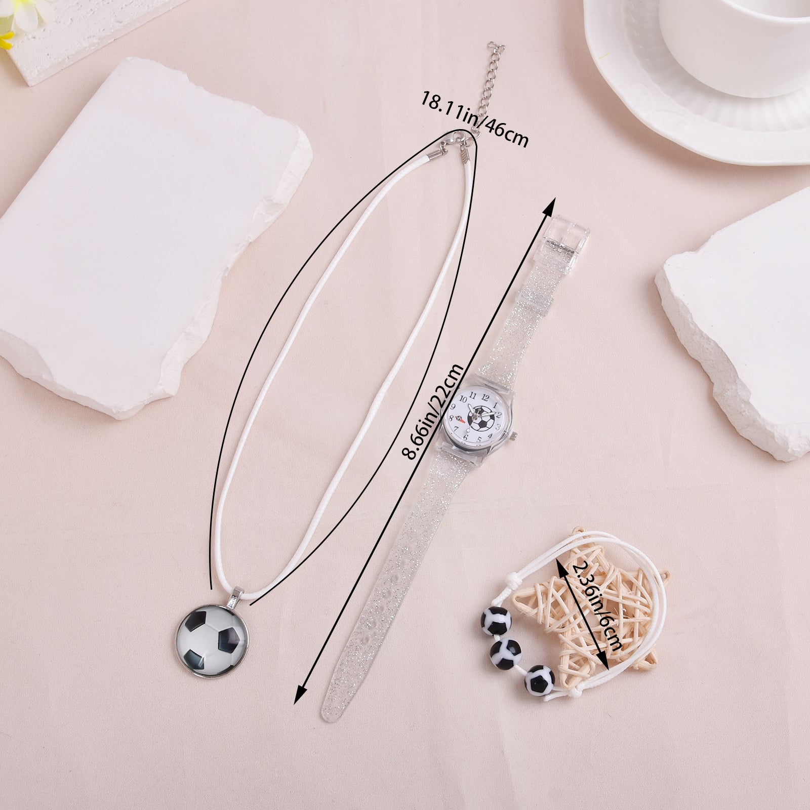 Football Watch Set with Bracelet Necklace, Quartz Watch Transparent Strap