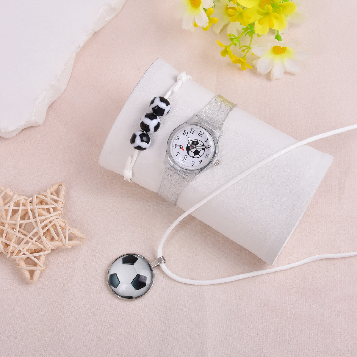 Football Watch Set with Bracelet Necklace, Quartz Watch Transparent Strap