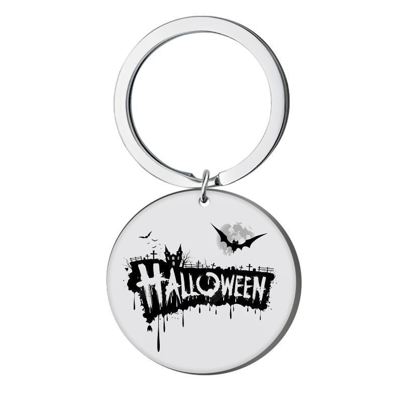 1pc Stainless Steel Halloween Round Charm Keychain Pendant