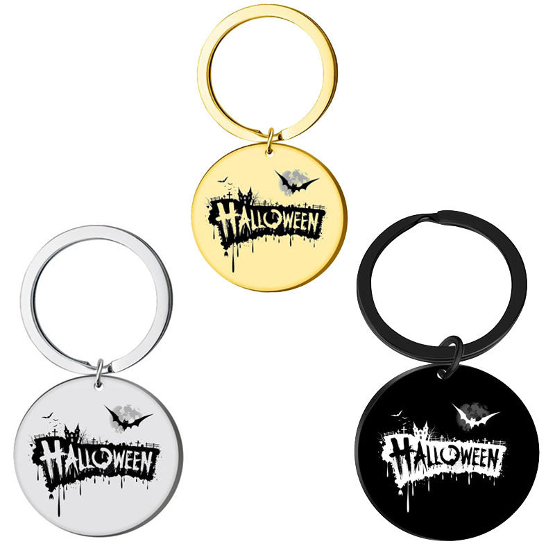 1pc Stainless Steel Halloween Round Charm Keychain Pendant