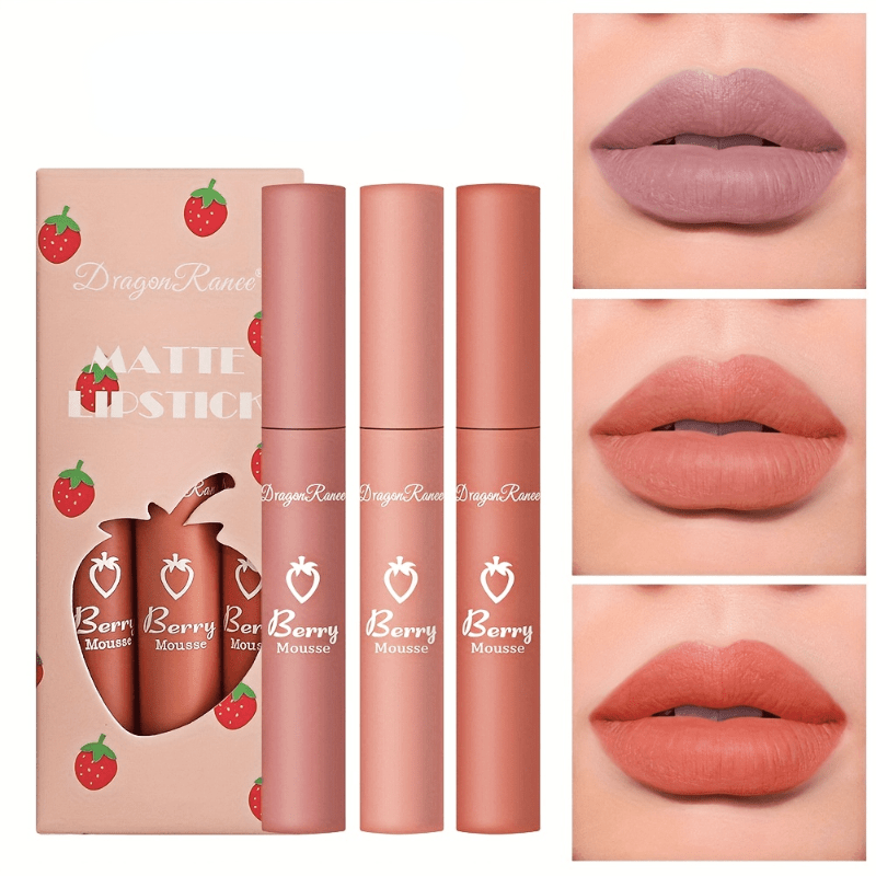 3 Colors Strawberry Berry Matte Lipstick Softness Velvet Matte Lip Gloss