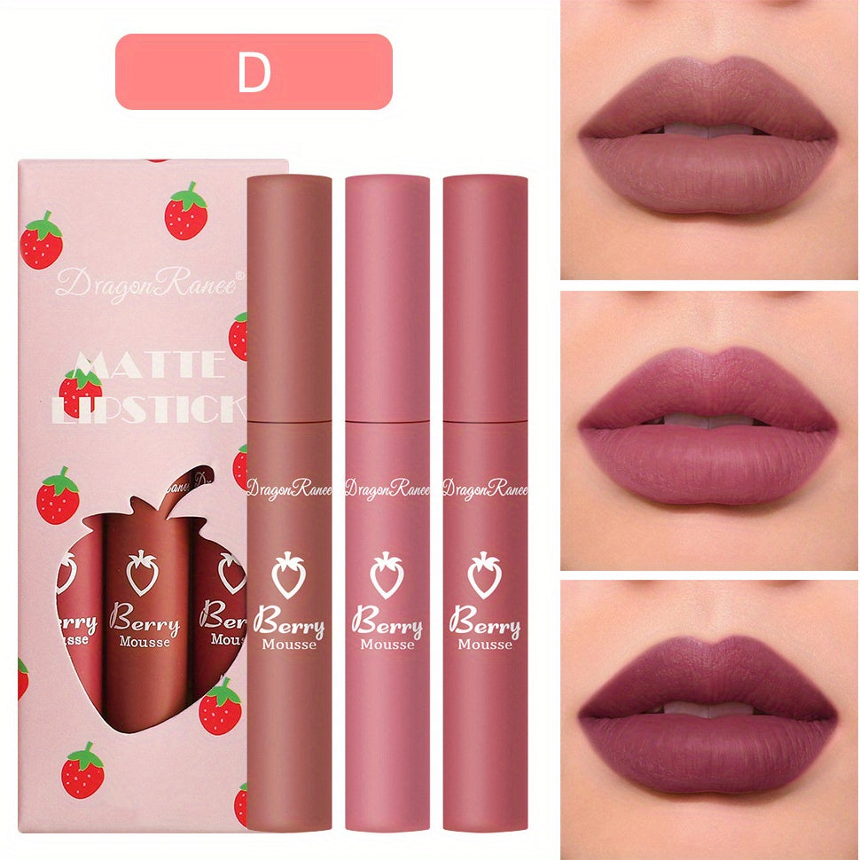 3 Colors Strawberry Berry Matte Lipstick Softness Velvet Matte Lip Gloss