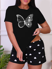 Butterfly Print Short Sleeve Sleep Top Women's Sleepwear