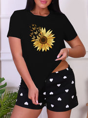 Butterfly Print Sleep Tops Short Sleeve Crew Neck Top Women's Sleepwear