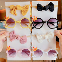 Baby Girls Solid Crown Vintage Sunglasses And Bowknot Headbands Set