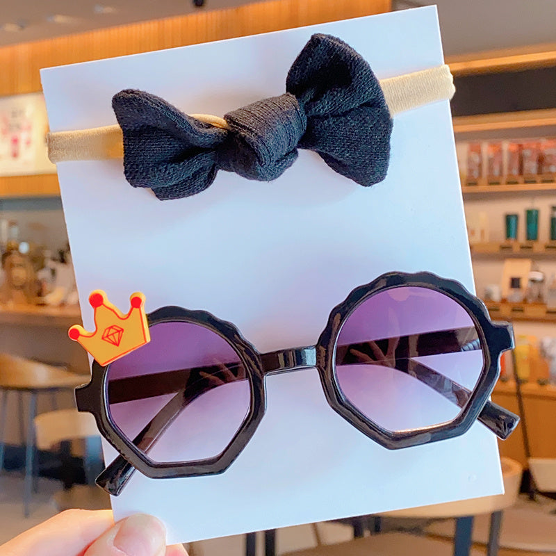 Baby Girls Solid Crown Vintage Sunglasses And Bowknot Headbands Set