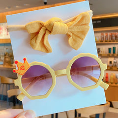 Baby Girls Solid Crown Vintage Sunglasses And Bowknot Headbands Set