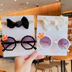 Baby Girls Solid Crown Vintage Sunglasses And Bowknot Headbands Set