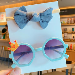 Baby Girls Solid Crown Vintage Sunglasses And Bowknot Headbands Set