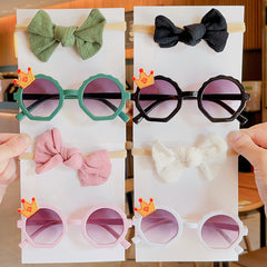 Baby Girls Solid Crown Vintage Sunglasses And Bowknot Headbands Set