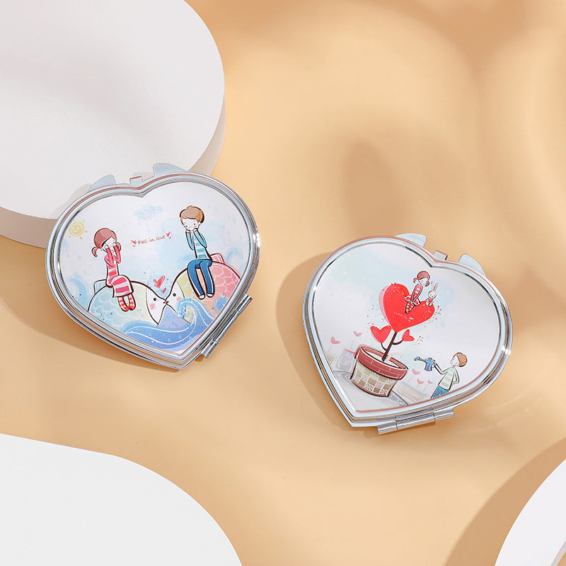 Heart Shape Compact Mirror Couple Style Double Side HD Cosmetic Touch up Mirror