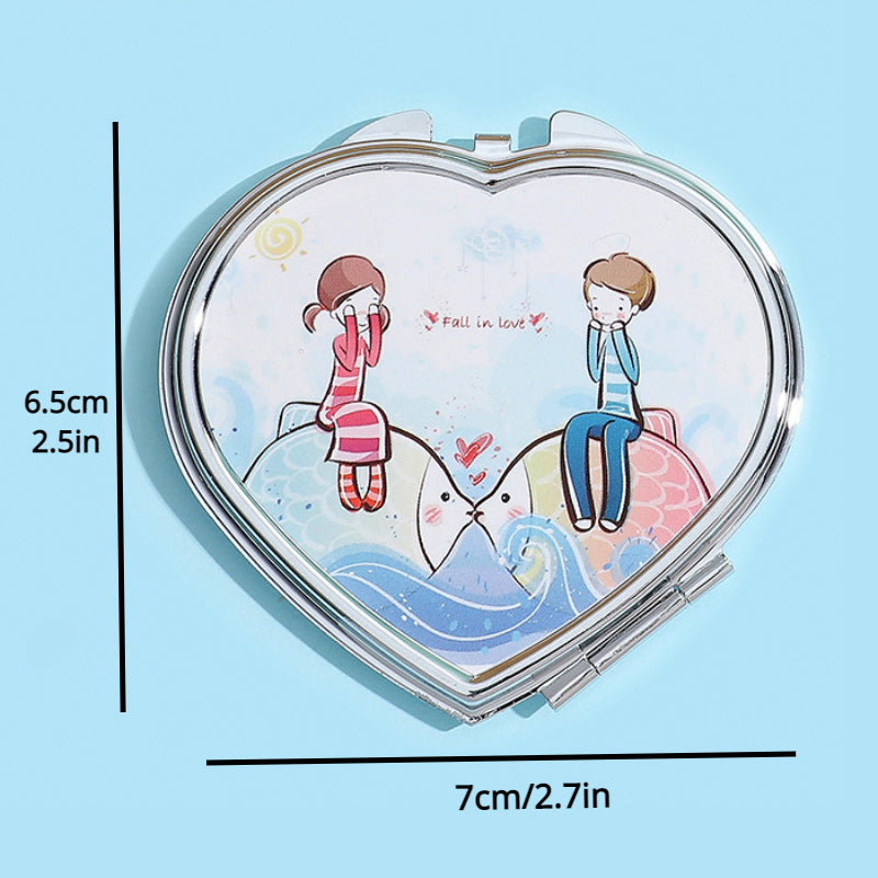 Heart Shape Compact Mirror Couple Style Double Side HD Cosmetic Touch up Mirror