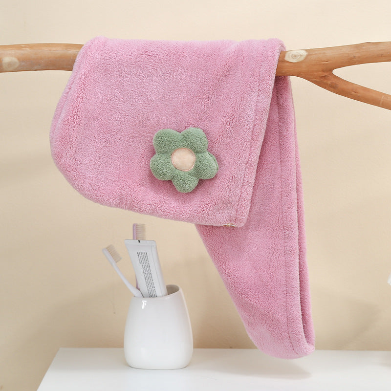 Flower Decor Hair Drying Cap Thickened Coral Fleece Hair Towel