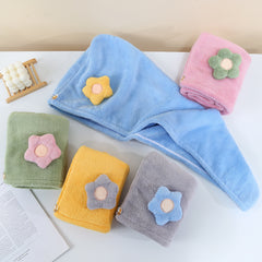Flower Decor Hair Drying Cap Thickened Coral Fleece Hair Towel
