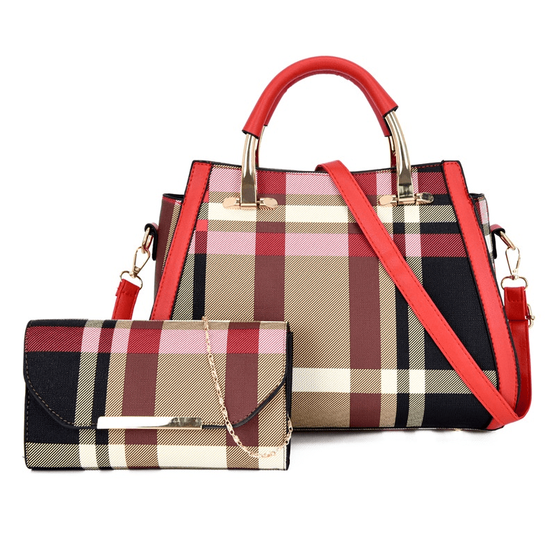2pcs Plaid Handbag Set Women's Colorblock Tote Chain Crossbody Purse
