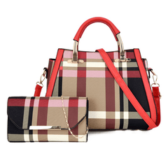 2pcs Plaid Handbag Set Women's Colorblock Tote Chain Crossbody Purse