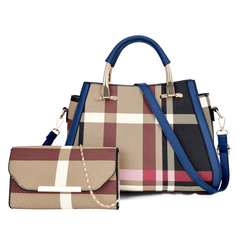 2pcs Plaid Handbag Set Women's Colorblock Tote Chain Crossbody Purse