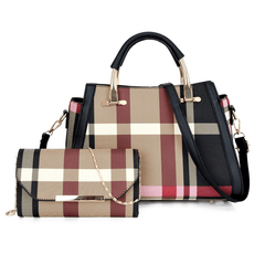 2pcs Plaid Handbag Set Women's Colorblock Tote Chain Crossbody Purse