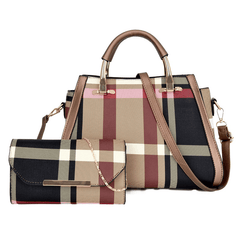 2pcs Plaid Handbag Set Women's Colorblock Tote Chain Crossbody Purse