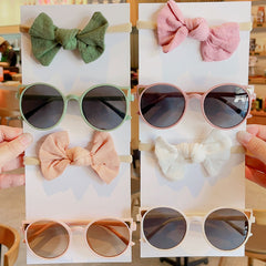 Girl's Solid Bowknot Headbands and Cat Sunglasses Set