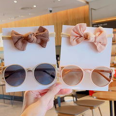 Girl's Solid Bowknot Headbands and Cat Sunglasses Set