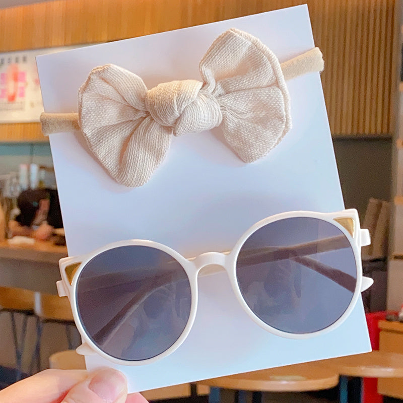 Girl's Solid Bowknot Headbands and Cat Sunglasses Set
