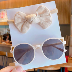 Girl's Solid Bowknot Headbands and Cat Sunglasses Set