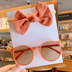 Girl's Solid Bowknot Headbands and Cat Sunglasses Set